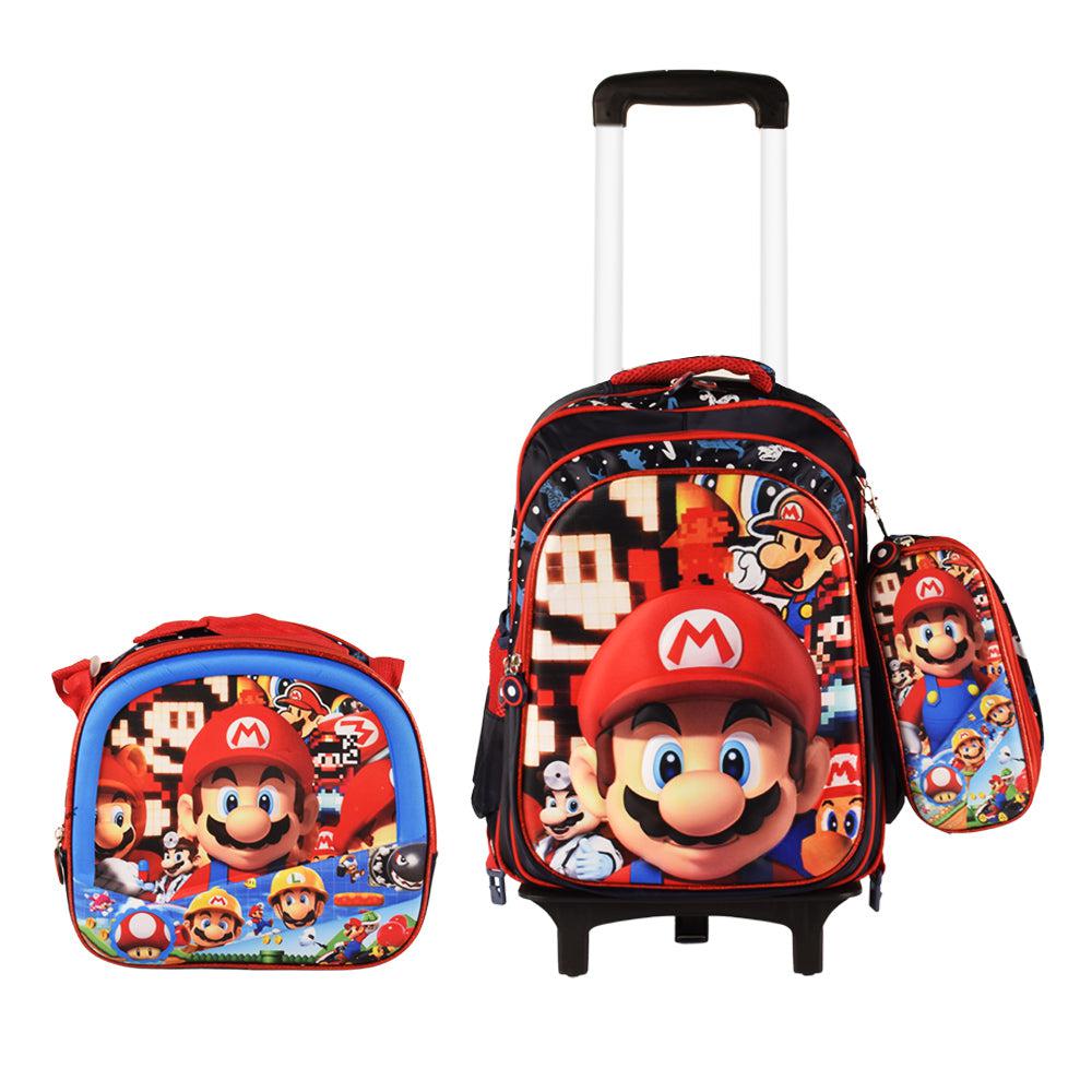 Mario 3PCS Detachable Rolling Backpack for Boys With Lunch Bag Pencil Case 2Wheels Roll